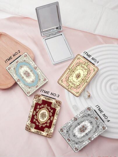 1pc Portable Folding Vanity Mirror, Lightweight & Compact Hand Mirror, PU Leather, Suitable For Various Occasions, Floral Decor Design, 180° Flip Cover, Multi-Functional Makeup Mirror