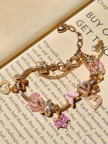 1 chiếc vòng tay trái tim cổ điển, vòng tay trái tim màu hồng, vòng tay trái tim hoa bướm, vòng tay quà tặng trái tim - Vàng - Xem 8