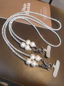1 pieza Cordón de teléfono grueso con perlas y rhinestones, correa larga de lujo tipo collar, cadena cruzada para el hombro con broche