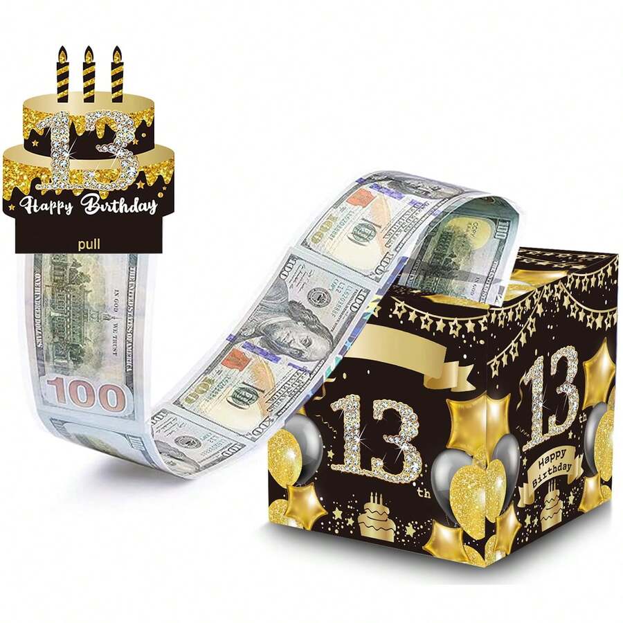 13th Birthday Money Gift Box, Happy Birthday Theme Party Favor - Black - View 1