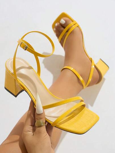 Women's High Heel Sandals, Suitable For Parties, Outdoor Travel, Fashion, Banquet, Thick Heel, Square Toe, Party, Vacation, Luxurious, Sexy PU Leather, Strap, Stone Texture, Comfortable Material, Sexy Criss-Cross Strap, Elegant, Graceful, Charming, Yellow Shoes, Elegant Sandals, Casual High Heels