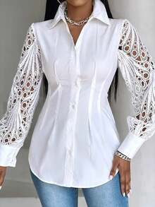 Plus Women's Elegant Lace Hollow Sleeve Collar Shirt - 白色 - 查看 3