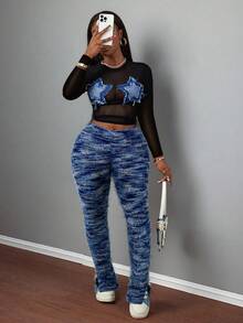 2025秋冬新款休闲街头风性感Y2K星形贴片黑色网纱修身上衣搭配蓝色渐变毛绒条纹紧身喇叭裤女两件套度假装 - 彩色 - 查看 1