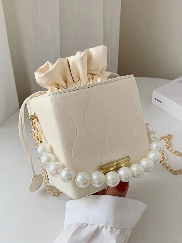 Pearl Decor Bucket Bag, New Fashion Chain Shoulder Bag, Unique High-Quality Crossbody Bag
