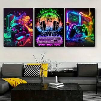 3pcs Game Themed Wall Art, Game Room Decor, Watercolor Video Game Decorative Wall Posters, Room Aesthetic Posters, Suitable For Office, Living Room And Game Room