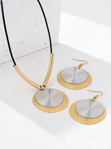 1 Set Minimalist Hip-Hop Style Dual-Tone Earrings And Round Pendant Necklace Set, Iron Material, Suitable For Party And Banquet Occasions, All Seasons