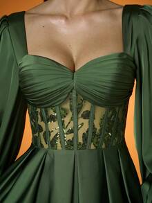 Mgiacy,New Arrival,V-Neck,Elegant,Ball Dress,Ruffle,Sequin,Perspective,Lantern Sleeve,FOR,Prom Wedding,Graduation,Wedding Guest,Party Dress,Wedding Guest Dress, Evening Dress,Green Dress For Women