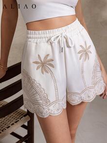 Aliao 优雅通勤刺绣腰带 A 字短裤，女士度假风短裤，优雅夏季，商务休闲，舒适短裤，白色长裤，沙滩装 - 杏色 - 查看 1