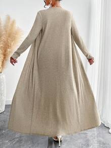 AIJ Amarilo 女士休闲优雅风格后开衩罗纹纯色细肩带中长连衣裙和外套 2 件套，配有侧腰系带 - 杏色 - 查看 4