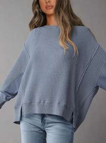 Women's Autumn Oversized Crew Neck Sweatshirt Casual Long-Sleeved Pullover Waffle Knit Top