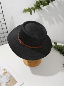 قبعة قش بوهيمية بإبزيم جلد بني محدب مسطح، مناسبة للاستخدام الخارجي في الصيف والسفر والعطلات