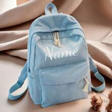 1pc Personalized Name Corduroy College Style Minimalist Streetwear Casual Large Capacity Women Backpack (Blue)