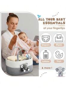 1pc Cute Plush Doll Design Diaper Storage Basket, Stroller Organizer With Handle, Large Baby Bath Caddy, Handwoven Storage Basket, Newborn Nursery Storage Bin, Baby Clothes Organizer - Multicolor - View 5