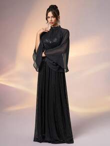 Elisanya 女士正式宴会优雅高领亮片撞色雪纺喇叭袖晚礼服长裙舞会礼服婚礼宾客毕业晚宴 - 黑色 - 查看 6