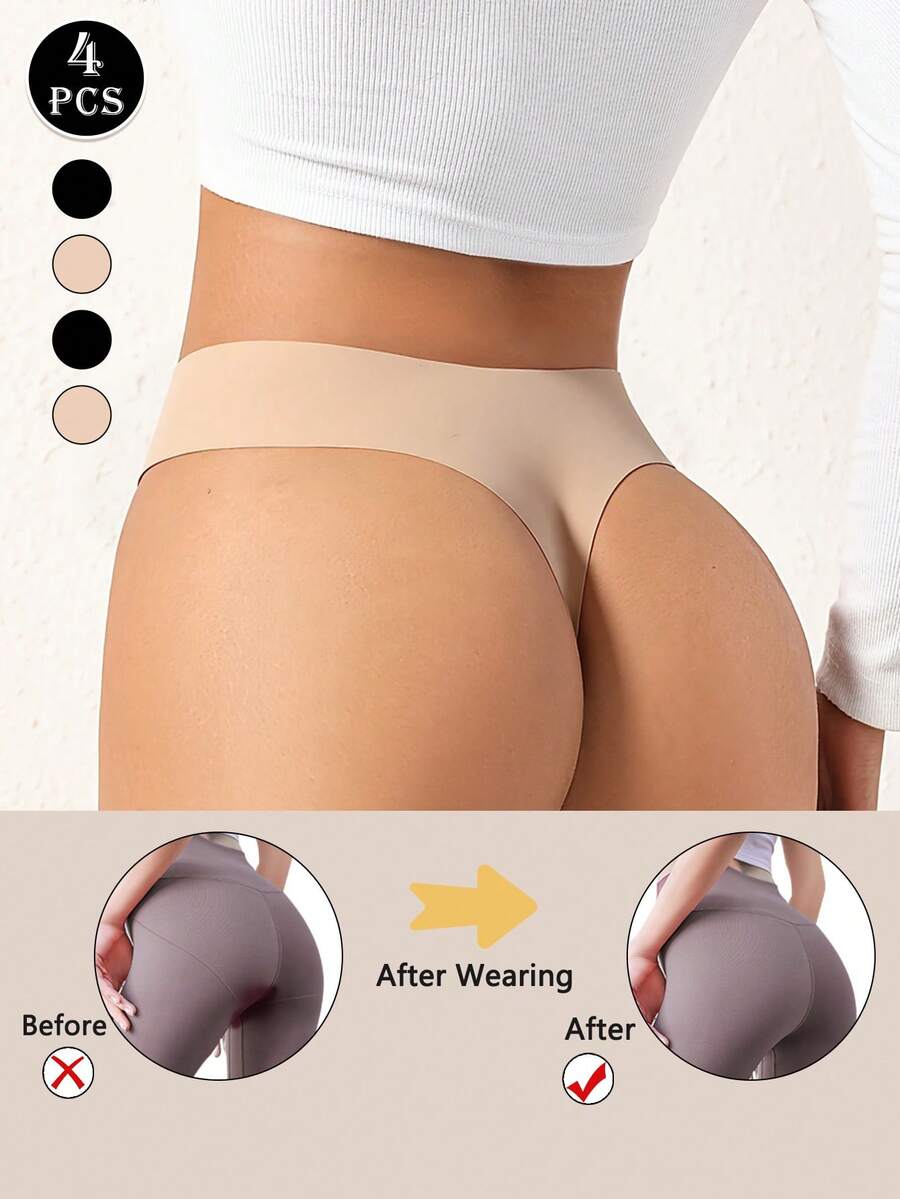 4-Pack Of Premium Women's Seamless Thongs - Invisible Nylon Stretch Briefs, Black + Skin Color Combination, Sizes XS-L Available, Perfect For Everyday Comfort And Style, Everyday Comfort Women's Panties Elastic Material - 彩色 - 查看 1
