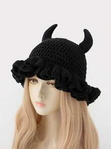 1 件男女通用手工针织无檐便帽，荷叶边渔夫帽，骷髅、南瓜、角图案，趣味角色扮演拉法帽 - 彩色 - 查看 7