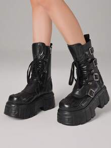 Punk Platform Mid-Calf Boots For Women Flames Embroider Round Toe Biker Boots With Buckles Dark Rock Punk Lace Up Side Zipper Cosplay Platform Gothic Boots