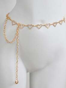 1pc Fashionable Rhinestone Heart Woven Metal Waist Chain Belt, Suitable For Women In Summer Fall, Autumn, Halloween - Gold - View 12