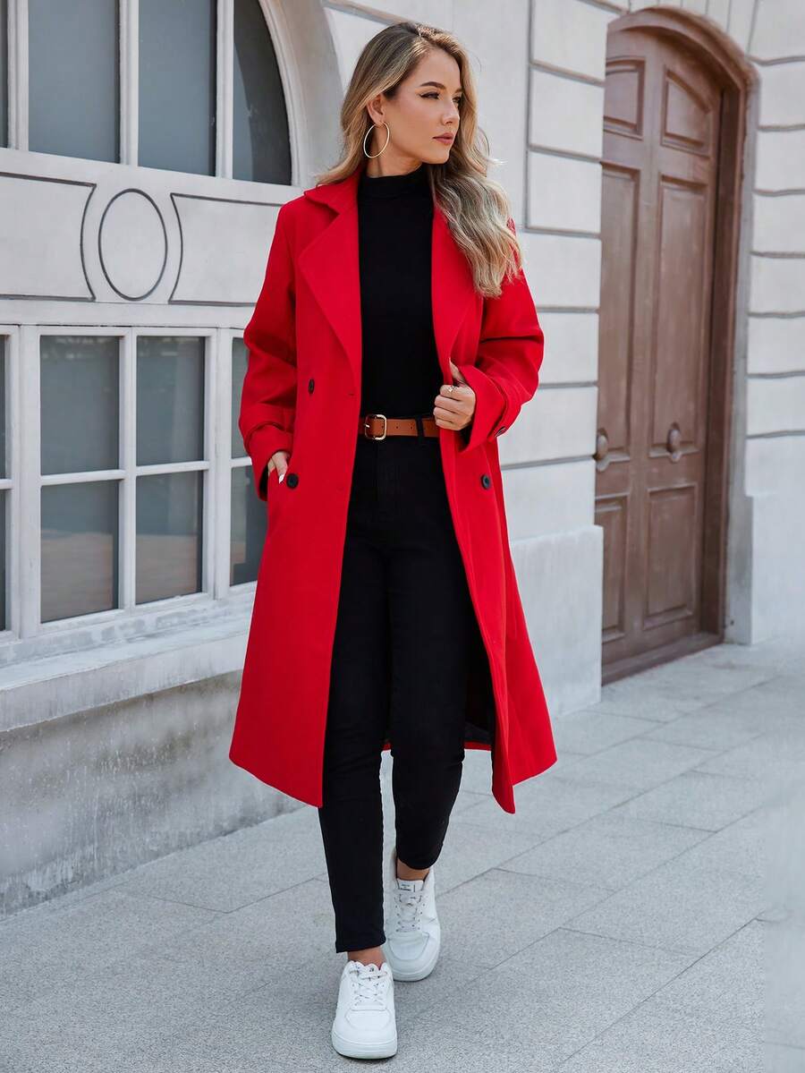 Damen Neuer einfarbiger langer Freizeitmantel mit Doppeltaschen und Gürtel, geeignet für Partys, Alltag, formelle Abendanlässe im Herbst/Winter