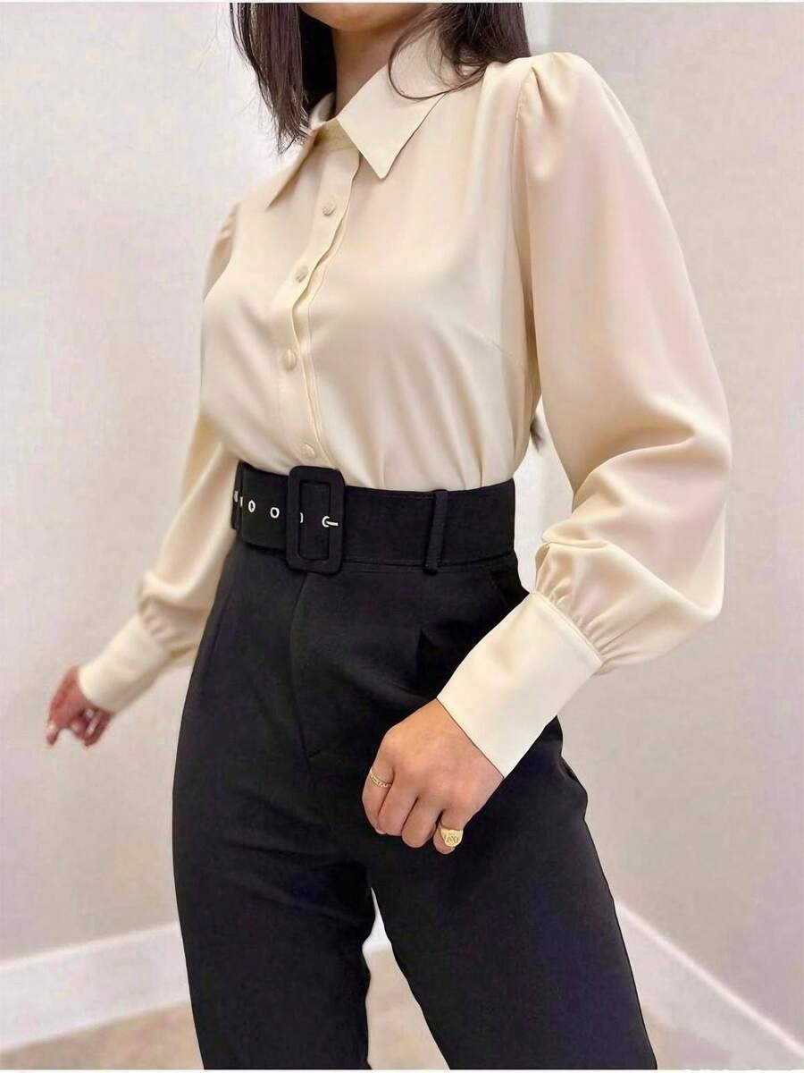 Women's White Shirt With Puff Sleeves JEMMY MODA - bege claro - 查看 1