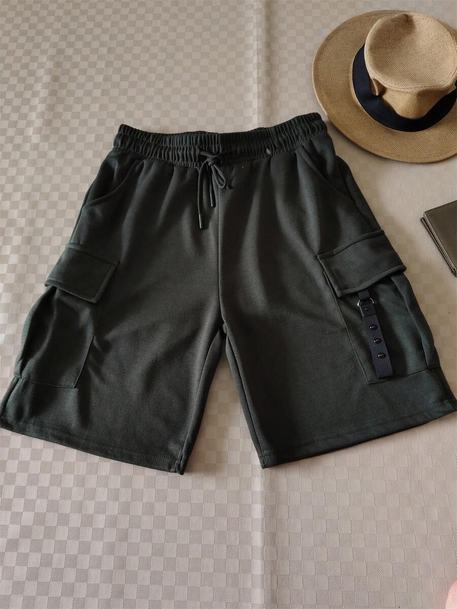 Cargo Shorts With Elastic Waistband - Dark Green - View 1