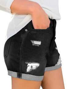 Women's Mid Waist Rolled Edge Ripped Jeans Denim Shorts, Beach Vacations Outfits For Women, Pride Outfits For Women, Fourth July Of Women, Club Outfits - Black - View 3