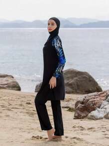 Set de 3 piezas Traje de Body entero de manga larga, pantalones y cobertor de cabeza para mujer musulmana, traje de baño de estilo conservador para el verano