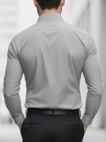 Men's Simple Solid Color Shirt, Versatile Long Sleeve Shirt For Daily Commute, Men's Business Single-Breasted Long Sleeve Shirt - Grey - View 2