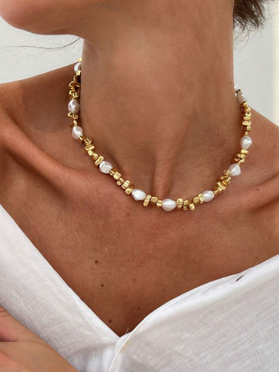 1 件时尚不对称仿珍珠锁骨链，简约扁平仿巴洛克串珠项链首饰，适合日常佩戴、音乐节和拍照 - 彩色 - 查看 1