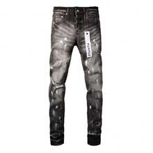 Men's Black Splatter Jeans - Ripped, High-Street, Artistic Vibe - 黑灰色 - 查看 6