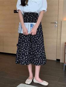 Las mujeres impresas falda de medio cuerpo primavera y verano nueva palabra falda de hadas floral delgado de longitud media de cintura alta delgada falda floral - Negro - Ver 2