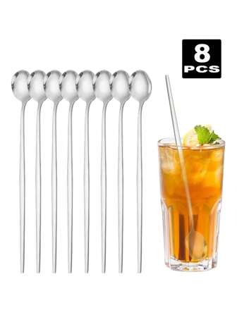 1/2/4/8 piezas Cucharas de acero inoxidable para helado, cucharas para mezclar cócteles, cucharas de mango largo aptas para el hogar, la cocina, el restaurante y el hotel