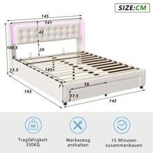 Letto matrimoniale con materasso ad aria compressa 140x190 cm, con LED, letto con contenitore e cassetti, letto contenitore con rete a doghe in legno, rete idraulica in metallo, velluto, beige