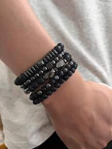 Set de 5 piezas de pulseras elásticas apilables negras hechas a mano con cuentas, joyas de moda para hombre y mujer de estilo punk gótico brillante para fiestas, vacaciones y regalos