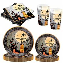 10pcs/20pcs/50pcs Halloween Disposable Paper Plate Set, Halloween Party Disposable Paper Plates, Cute Halloween 9-Inch/7-Inch Paper Plates, Paper Cups, Napkins, Suitable For Halloween Table, Halloween Party Decorations, Party Supplies - Multicolor - View 1