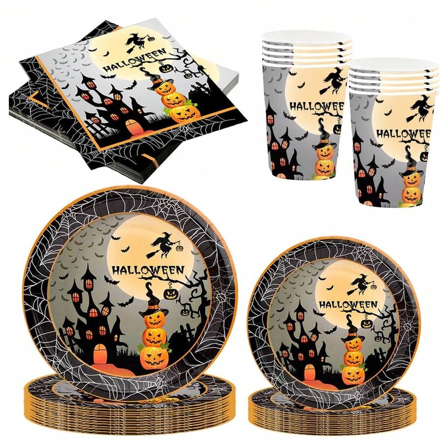 10pcs/20pcs/50pcs Halloween Disposable Paper Plate Set, Halloween Party Disposable Paper Plates, Cute Halloween 9-Inch/7-Inch Paper Plates, Paper Cups, Napkins, Suitable For Halloween Table, Halloween Party Decorations, Party Supplies - Multicolor - View 1