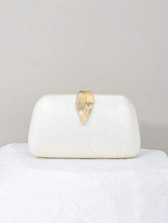 女士经典正式白色晚宴手拿包，带叶形金属扣装饰，盒形派对包，婚礼手提包，链条单肩包，礼服包