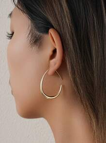 Lightweight Teardrop Hoop Earrings For Women, Bright And Shiny Gold Plated Large Oval Pull Through Hoop Earrings High Polished Statement Jewelry Gift For Women Teen Girls  Simple U-Shaped Hoop Earrings For Women