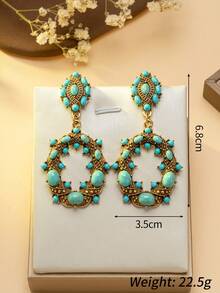 1 件项链 1 对耳环套装，复古波西米亚绿松石金项链耳环套装，奢华绿松石雕花金属项链耳环套装，独特的绿松石首饰套装，时尚绿松石镶嵌复古项链耳环组合
