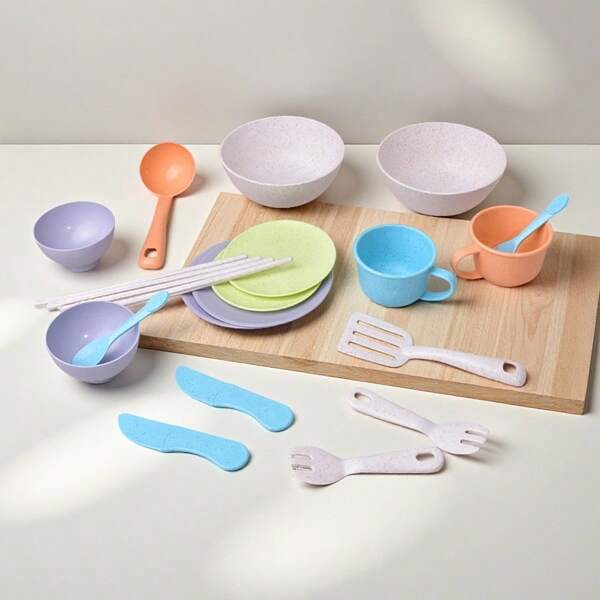 Straw Children's Pretend Play Afternoon Tea Toy Set, Imitation Cups, Bowls, Plates, Knives And Forks Toys, Realistic Cooking Utensils And Kitchen Accessories, Suitable For Toddlers And Kids Cooking Roleplay, Gift For Boys And Girls (Random Color)