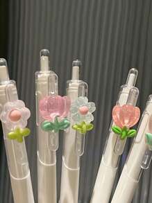 1 支/5 支速干郁金香花圆珠笔、记号笔、黑色墨水按压笔、高品质少女透明笔、卡通按压笔、办公和学校用品、返校必备（颜色随机）