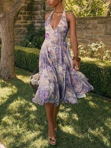 Đầm hở lưng in họa tiết thanh lịch lãng mạn giản dị cho nữ - Màu tím - Xem 1