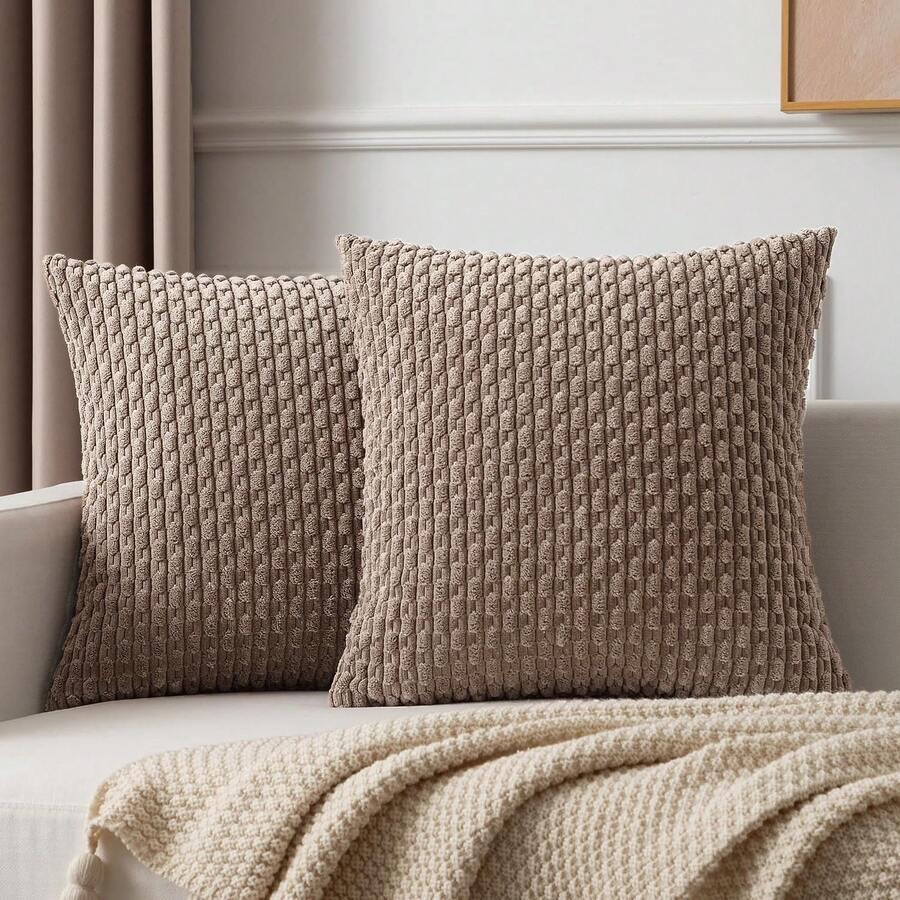 1 件/2 件波西米亚条纹枕套（不含枕芯），柔软毛绒灯芯绒纯色装饰方形枕套，适合节日、沙发、卧室、床、所有季节 - 棕色 - 查看 1