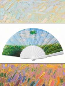 印有梵高、克里姆特名作的手持扇，采用精美面料制成，适合派对使用 - 星空 - 查看 8