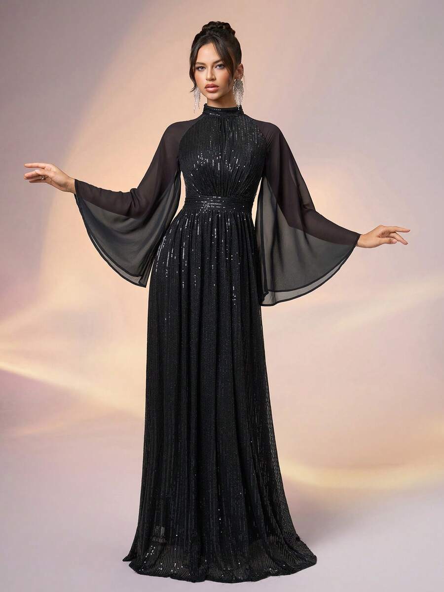 Elisanya 女士正式宴会优雅高领亮片撞色雪纺喇叭袖晚礼服长裙舞会礼服婚礼宾客毕业晚宴