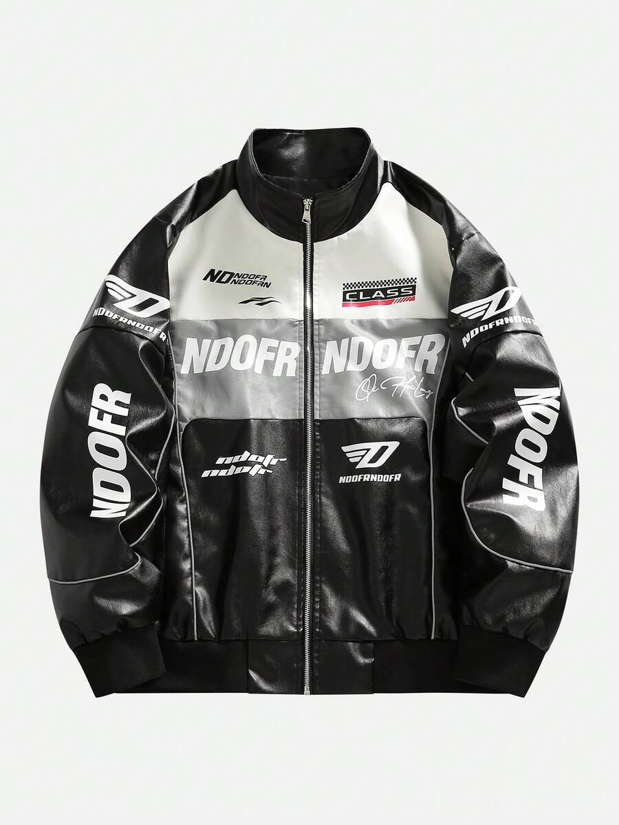 Men's Black Graphic Letter Print Fashion Versatile PU Leather Long Sleeve Jacket, Fall, Grunge - Black - View 1