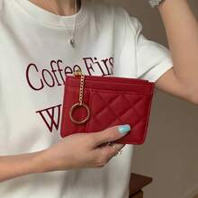 Cartera mini minimalista acolchada - Bolsa de identificación con múltiples ranuras para tarjetas y soporte para identificación, monedero con cremallera, cuero sintético color tostado - Verde - Ver 2