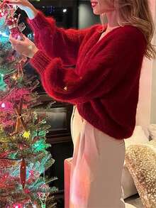 Women's Fuzzy Knit Sweater Long Lantern Sleeve Open Front Solid Color Cardigan Fall Coat - 紅色 - 查看 6