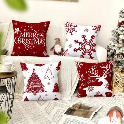 4pcs/280pcs Christmas Theme Pillow Covers, Red Background With Christmas Tree & Reindeer Elements, Fits 45x45cm Pillows, Suitable For Christmas Living Room, Bedroom, Sofa Decor, Christmas Party, Dining Room Decoration