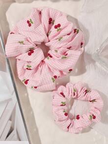 2条/套 春夏波西米亚风针织樱花粉色格子发圈，甜美乡村海滩风柔软弹力发圈，大号和小号可选，可扎马尾，可用作发圈，洗脸、化妆、居家健身等场合的女士发饰，也可用作头饰或弹力发带 - 彩色 - 查看 4